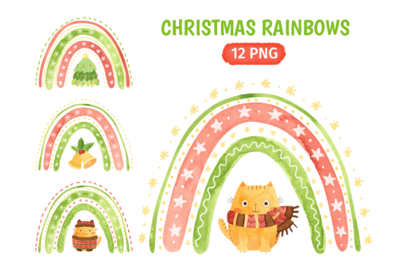 Christmas Cats Rainbows Cute Clipart for Branding and Packaging