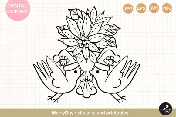 Christmas Flower with Birds Line Art Illustrations
