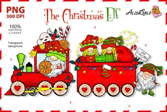 Christmas Gnomes Elves on a Train Illustration