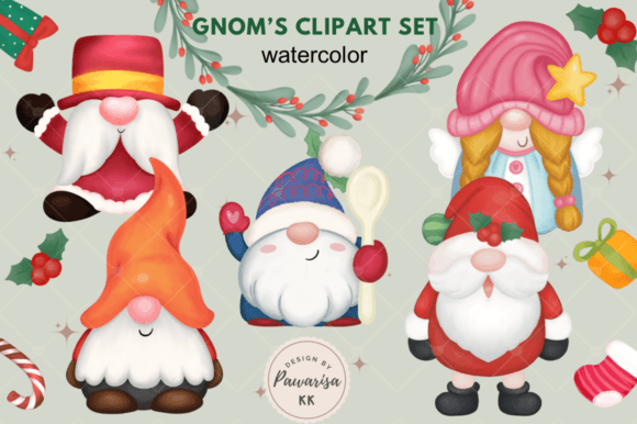 Christmas Gnomes with Ornaments Clipart Illustrations