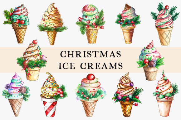 Christmas Watercolor Ice Creams Illustrations