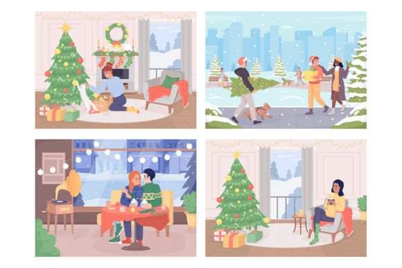 Cozy Christmas Activities Flat Color Vec Illustrations