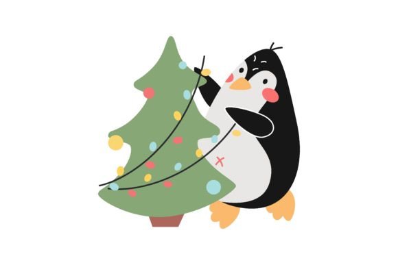 Cute Penguin Decorate Christmas Tree Illustrations