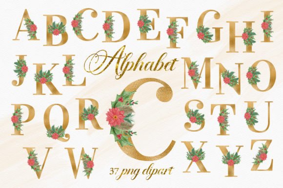 Gold Christmas Floral Alphabet Numbers for Illustrations