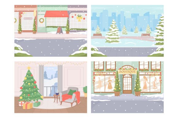 Outdoor and Indoor Christmas Scenes Illustrations