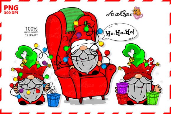 Santa in a Chair with Elves, Christmas Illustration