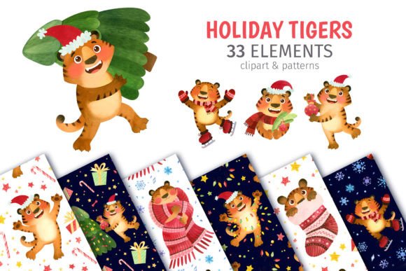 Santa Tiger Christmas Clipart for Festive Illustrations