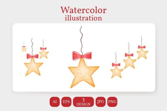 Watercolor Christmas Golden Star Illustrations
